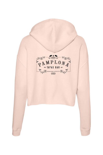 Light pink cropped hoodie with a black Pamplona Tapas Bar logo on the back.