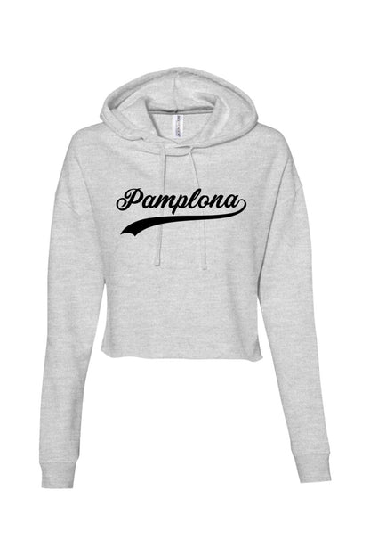 Light grey cropped athletic hoodie with a black Pamplona script logo, drawstring hood, and long sleeves.