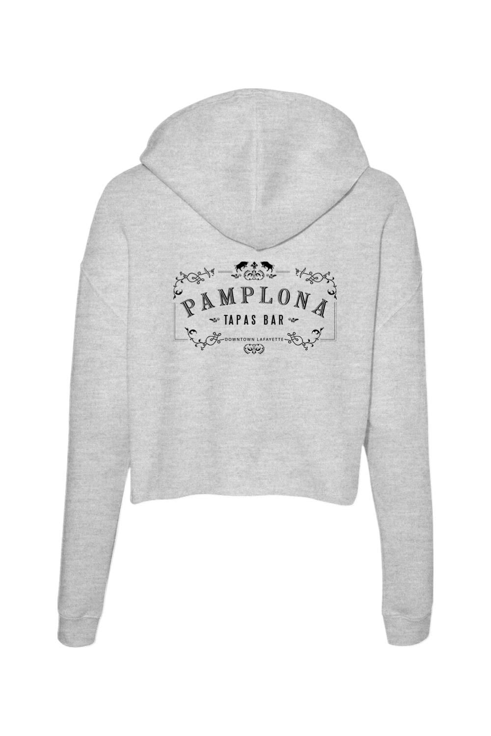 Light gray cropped athletic hoodie with a black Pamplona Tapas Bar logo printed on the back.