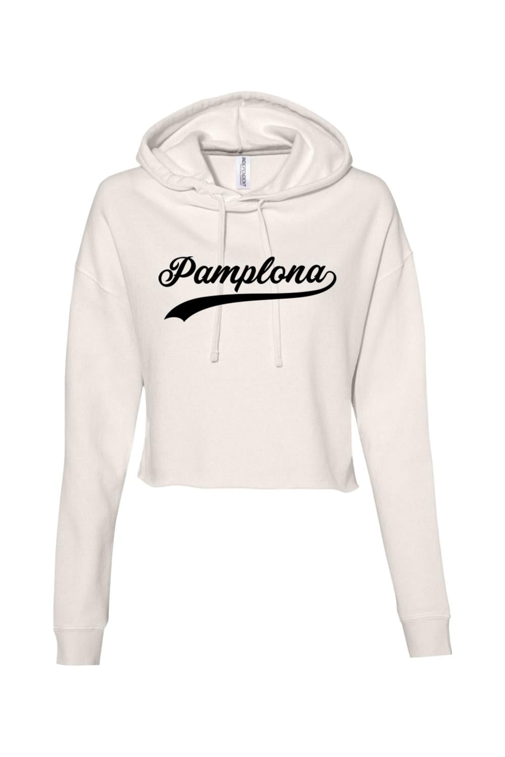 Off-white cropped athletic hoodie with a black Pamplona script logo, drawstring hood, and soft cotton-blend fabric.