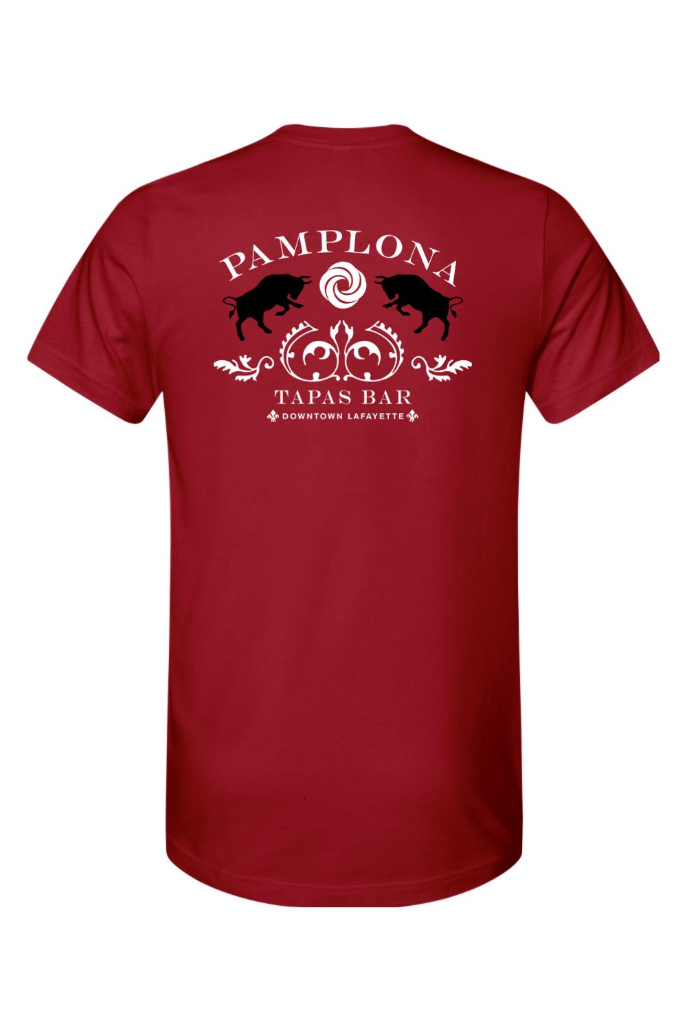 Red cotton men's t-shirt featuring a white Pamplona Tapas Bar graphic with bull silhouettes on the back.