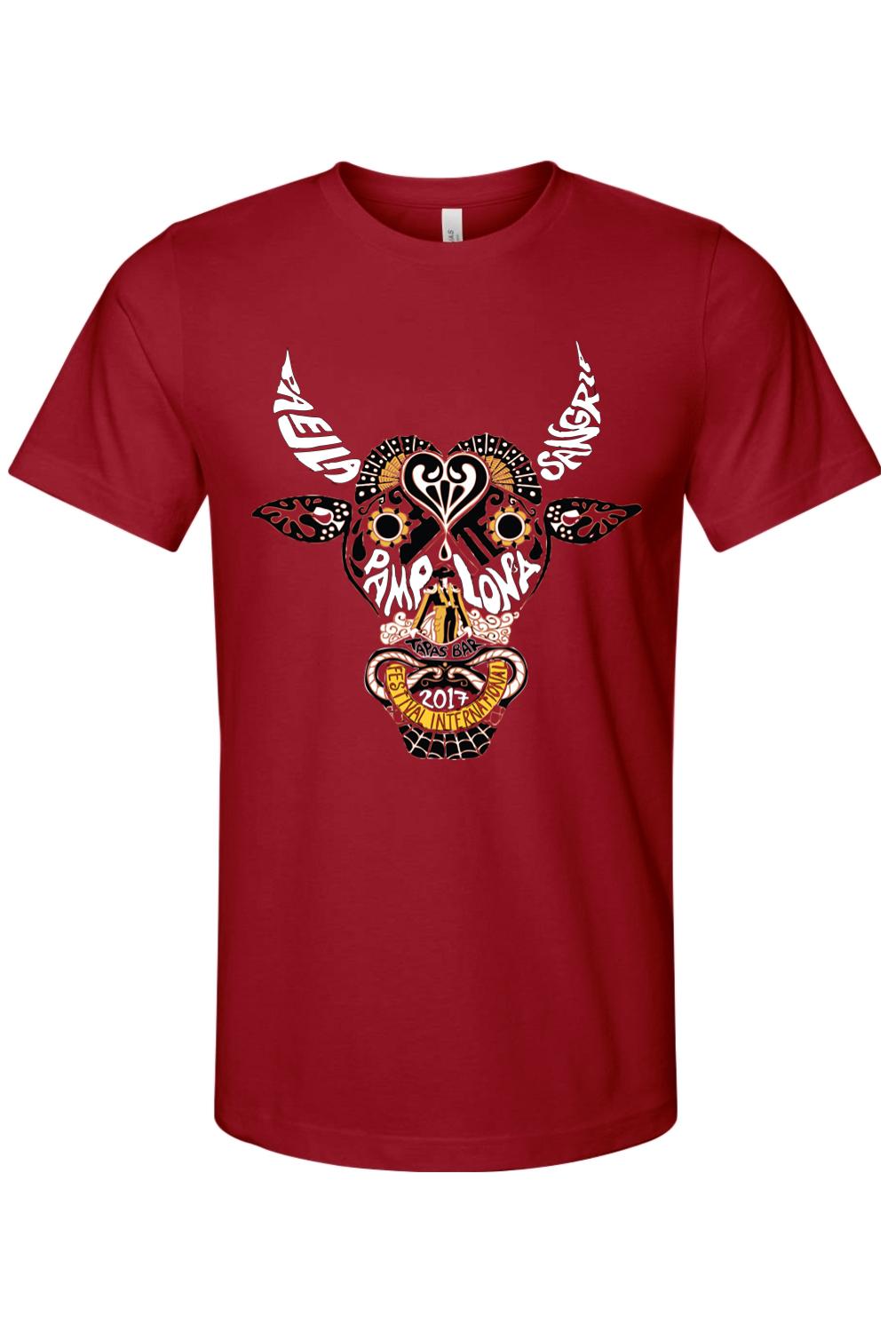 Red cotton crew neck t-shirt featuring a decorative bull head graphic with Pamplona Festival 2017 text design.