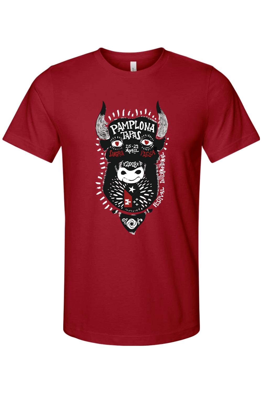 Red cotton crew neck t-shirt featuring a black and white Pamplona 2018 festival bull graphic on the chest.