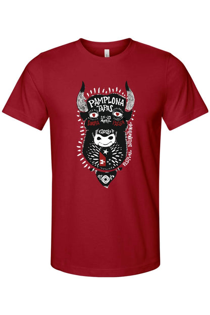 Red cotton crew neck t-shirt featuring a black and white Pamplona 2018 festival bull graphic on the chest.
