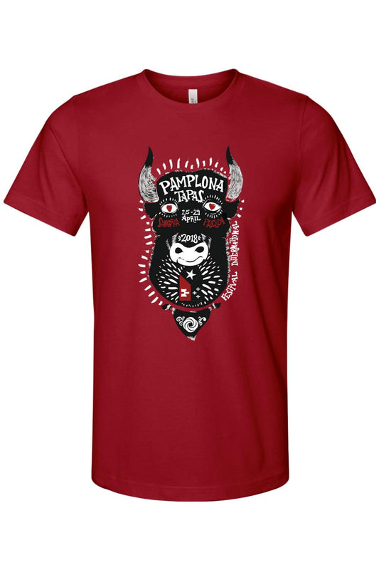 Red cotton crew neck t-shirt featuring a black and white Pamplona 2018 festival bull graphic on the chest.