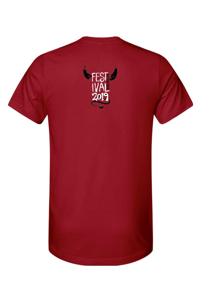 Red cotton men's t-shirt featuring a black Pamplona Festival 2019 bull horn graphic on the back.