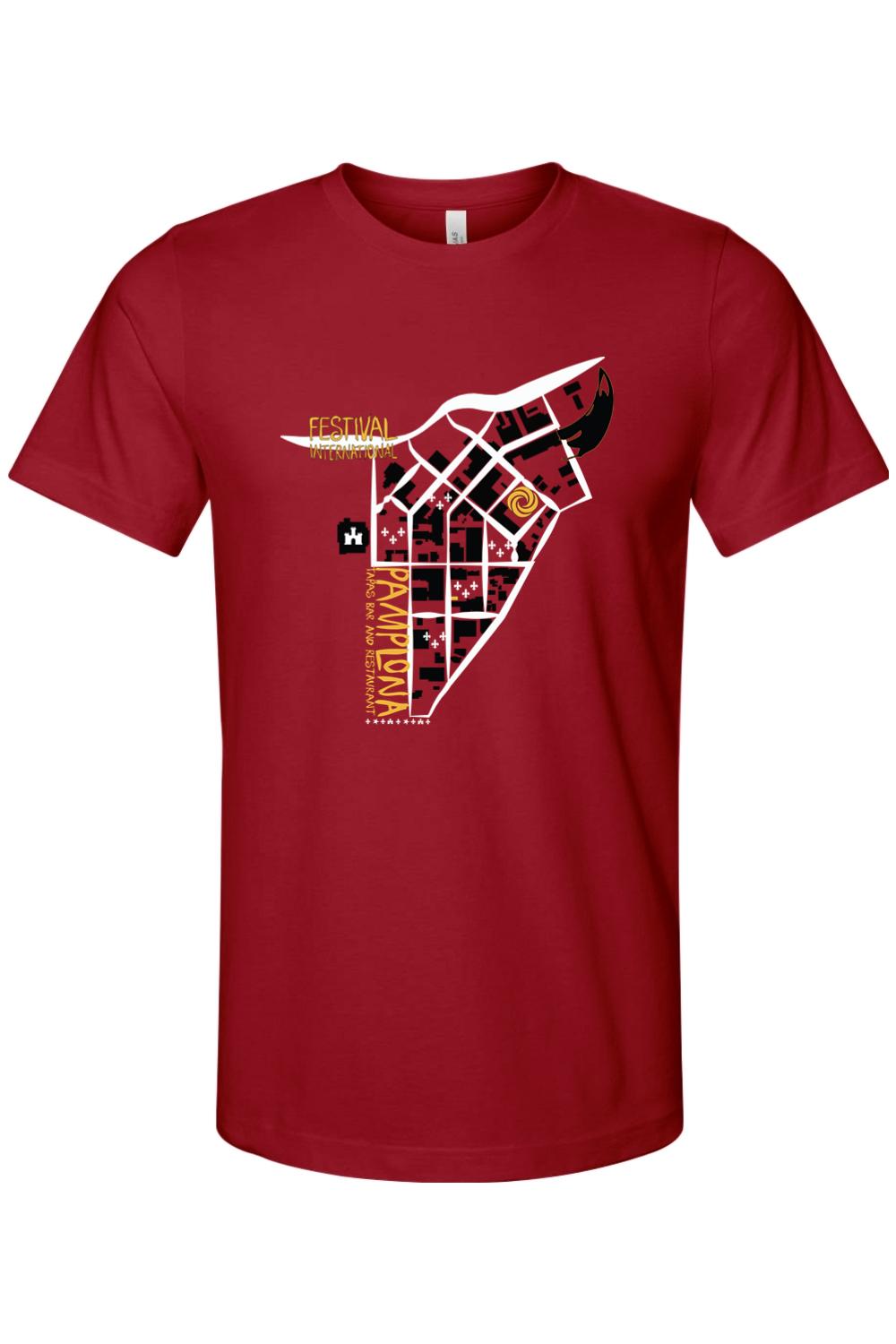 Red cotton men's t-shirt featuring a Pamplona 2019 festival graphic with a bull silhouette and map design.