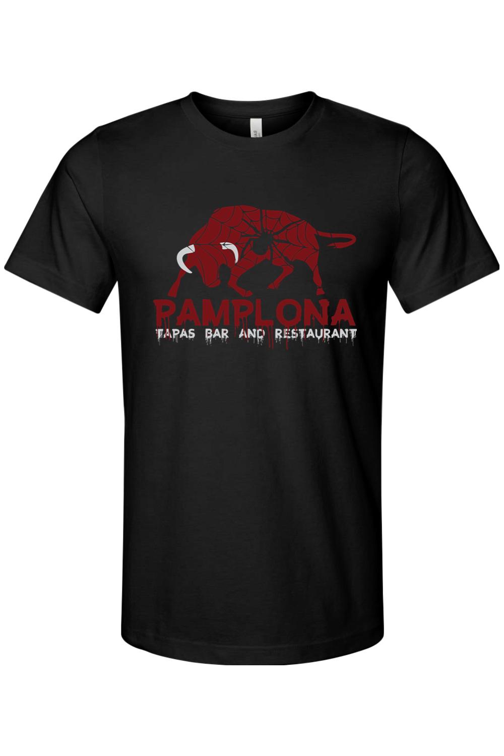 Black cotton crew neck t-shirt featuring a red spiderweb bull graphic and Pamplona Tapas Bar and Restaurant text.