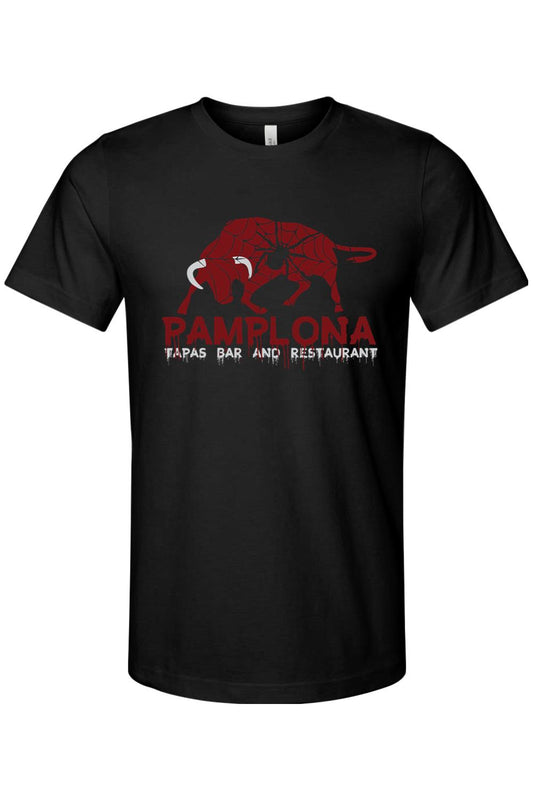 Black cotton crew neck t-shirt featuring a red spiderweb bull graphic and Pamplona Tapas Bar and Restaurant text.