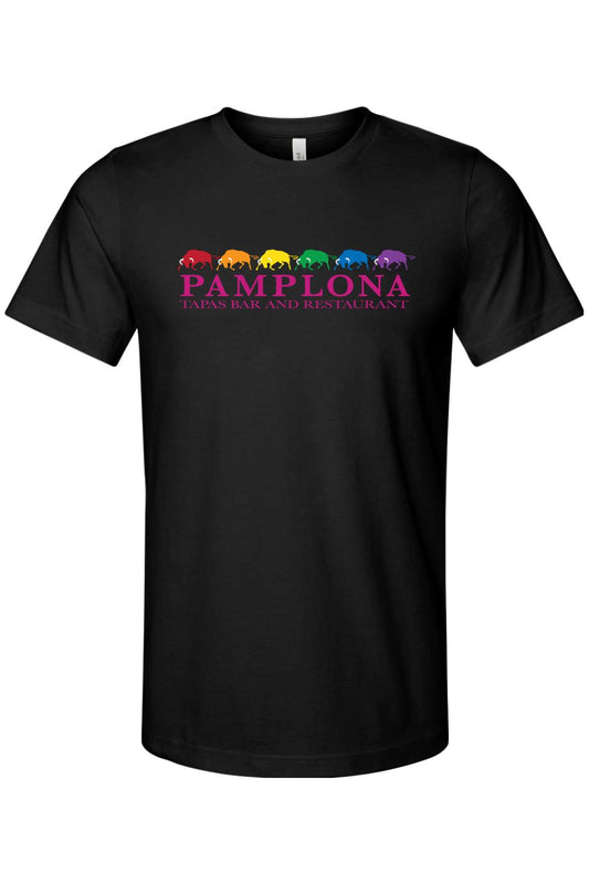 Black cotton t-shirt featuring a colorful row of bulls above pink Pamplona Tapas Bar and Restaurant text.