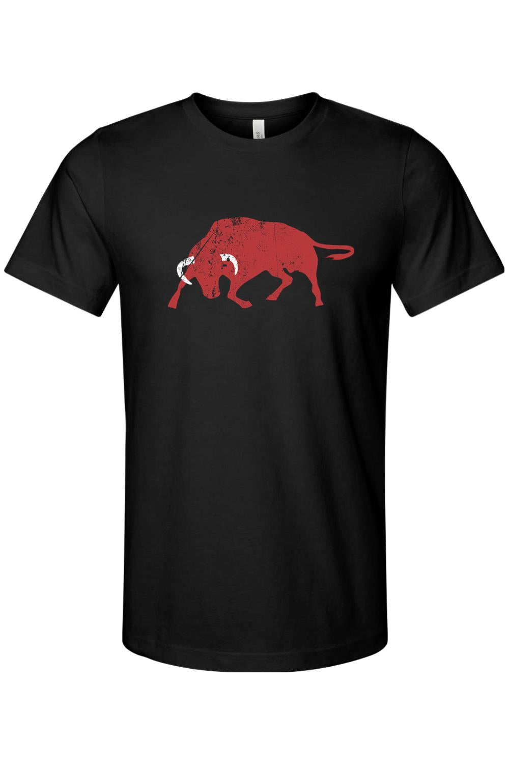 Black soft cotton unisex t-shirt featuring a distressed red bull graphic on the chest.