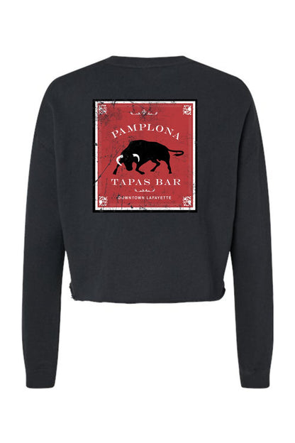 Black cropped crewneck sweatshirt featuring a red Pamplona Tapas Bar bull graphic on the back.