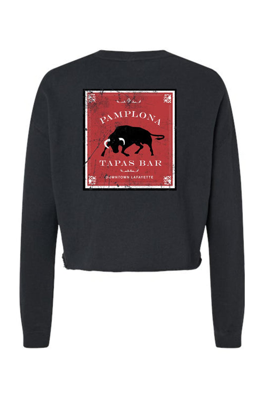 Black cropped crewneck sweatshirt featuring a red Pamplona Tapas Bar bull graphic on the back.