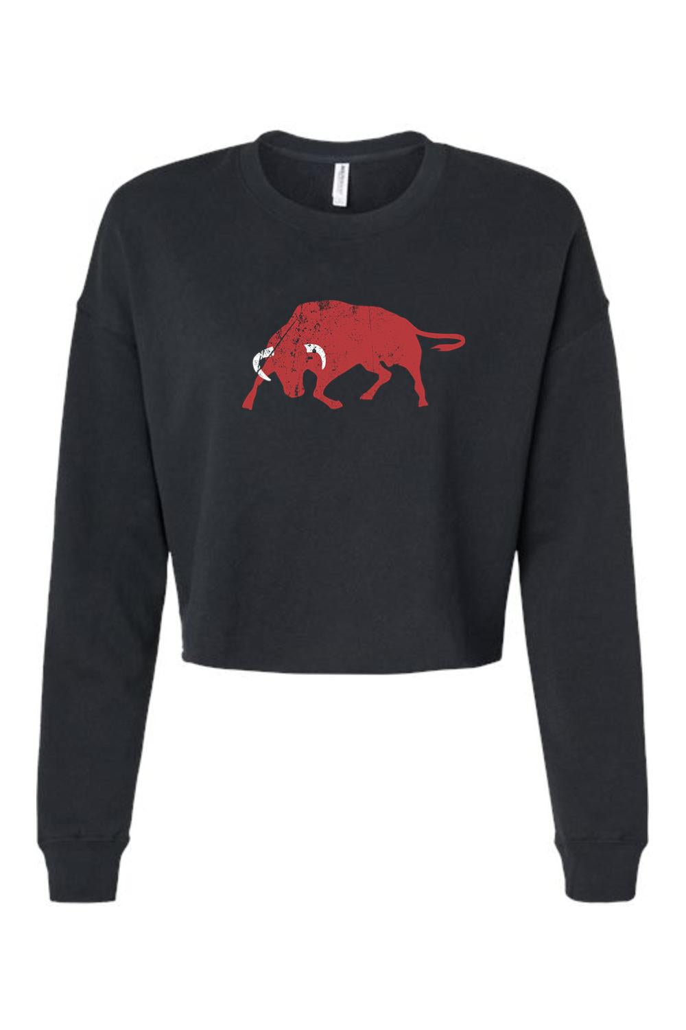 Black cropped crewneck sweatshirt featuring a distressed red bull graphic on the chest.