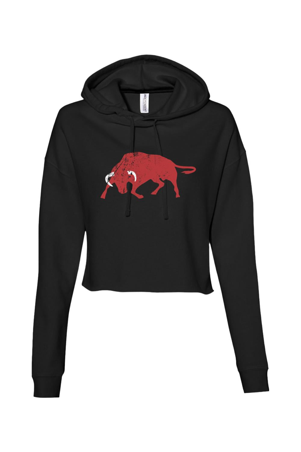 Black cropped hoodie with a distressed red bull graphic on the chest, featuring a drawstring hood and long sleeves.