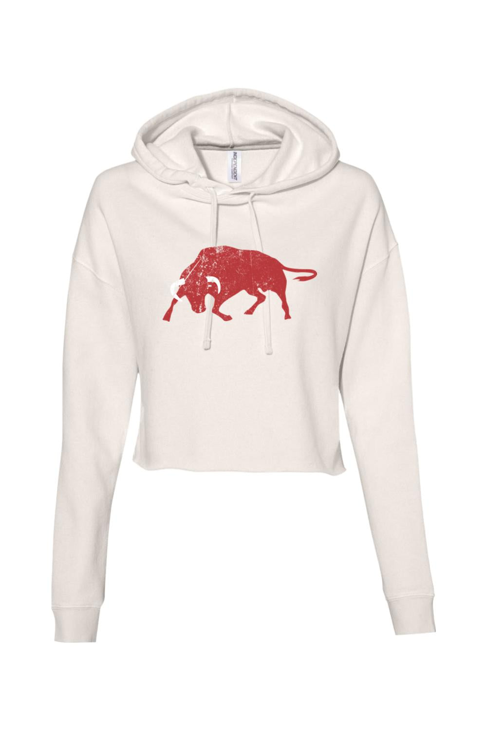 Off-white cropped hoodie with a distressed red bull graphic on the chest, featuring a drawstring hood and long sleeves.