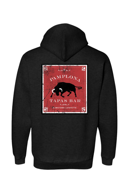 Black premium hoodie featuring a distressed red square graphic on the back with a bull and Pamplona Tapas Bar text.