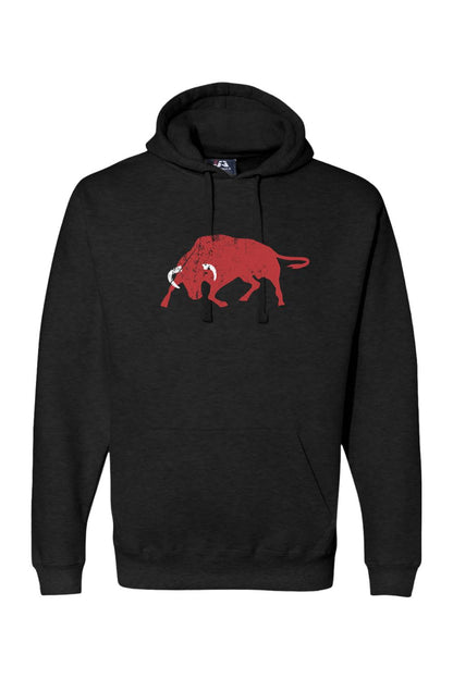 Black premium hoodie featuring a distressed red bull graphic on the chest with a drawstring hood and front pocket.