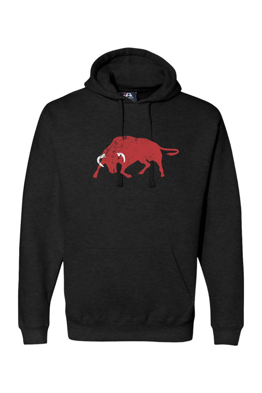 Black premium hoodie featuring a distressed red bull graphic on the chest with a drawstring hood and front pocket.