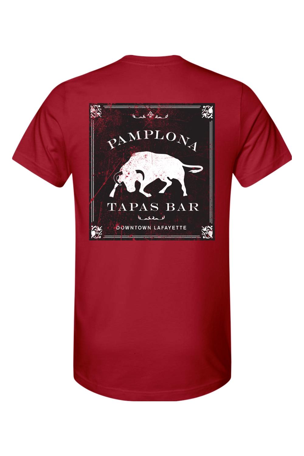Red cotton men's t-shirt featuring a white Pamplona Tapas Bar bull graphic on the back.