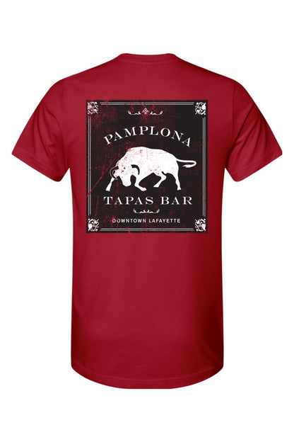 Red cotton men's t-shirt featuring a white Pamplona Tapas Bar bull graphic on the back.