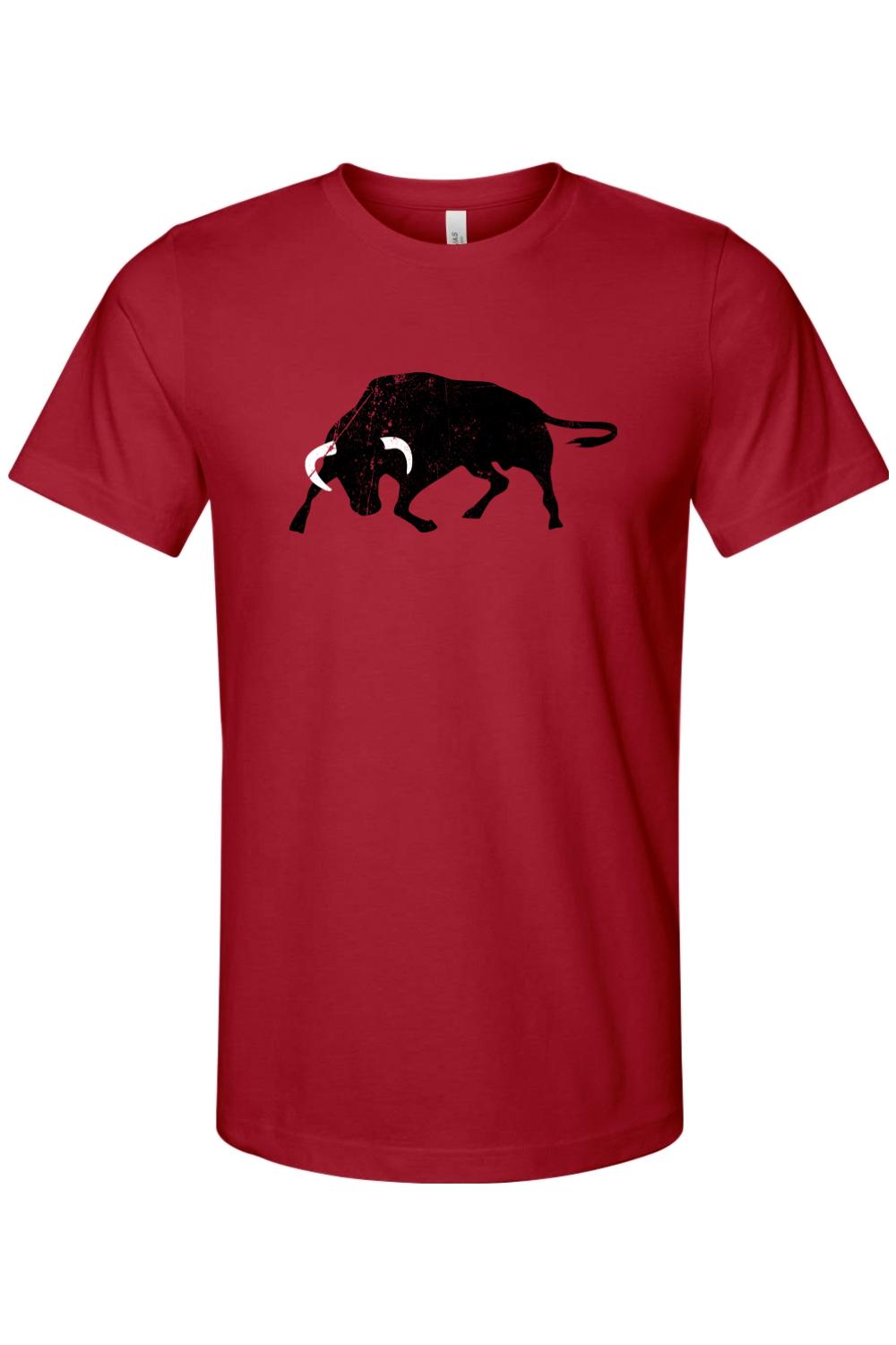 Red cotton men's crew neck t-shirt featuring a distressed black bull graphic with white horns on the chest.