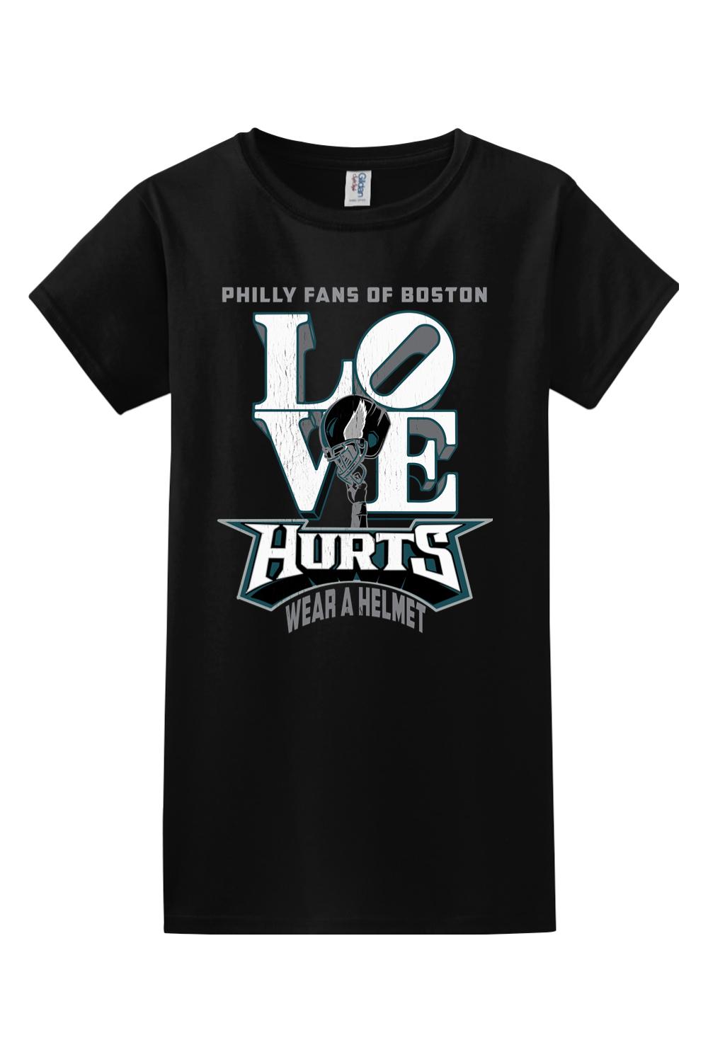 Black cotton women's graphic t-shirt featuring Philly Fans of Boston Love Hurts text and a football helmet design.
