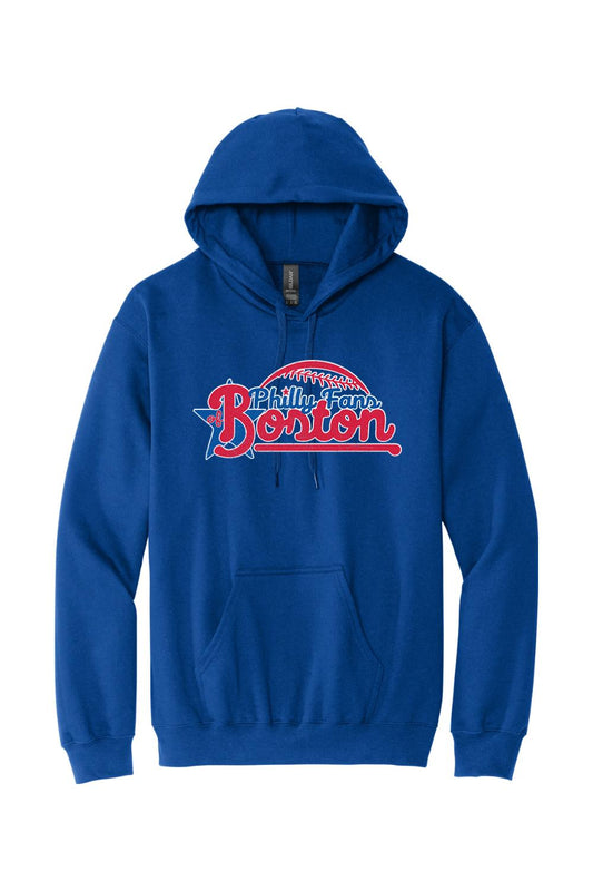 Royal blue cotton hoodie featuring a red and white Philly Fans of Boston baseball graphic with a front pouch pocket.