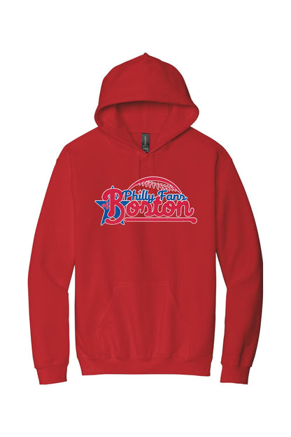Red cotton pullover hoodie featuring a Philly Baseball Fans of Boston graphic with a blue star and baseball design.