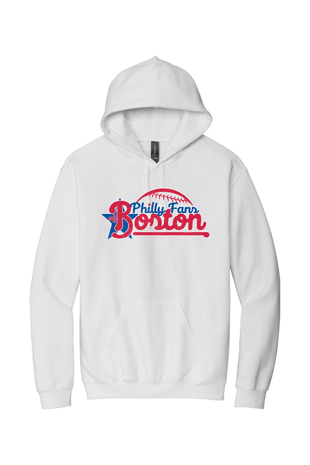 White cotton pullover hoodie featuring a red and blue Philly Baseball Fans of Boston graphic with a baseball design.