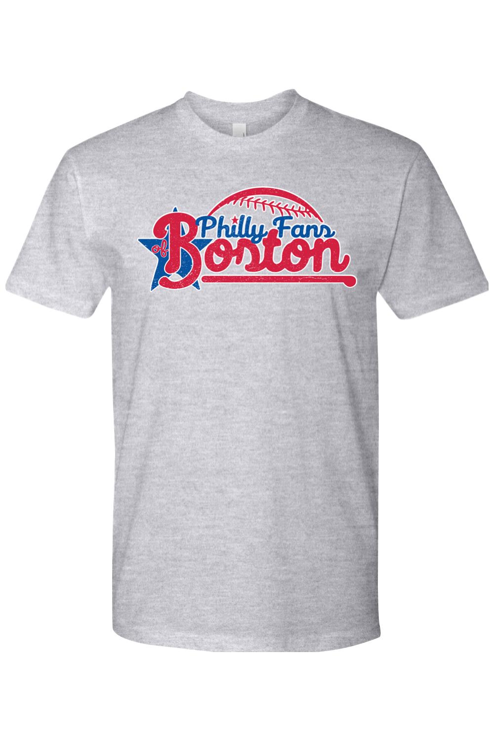 Grey cotton graphic t-shirt featuring a red and blue Philly Fans of Boston baseball logo design.