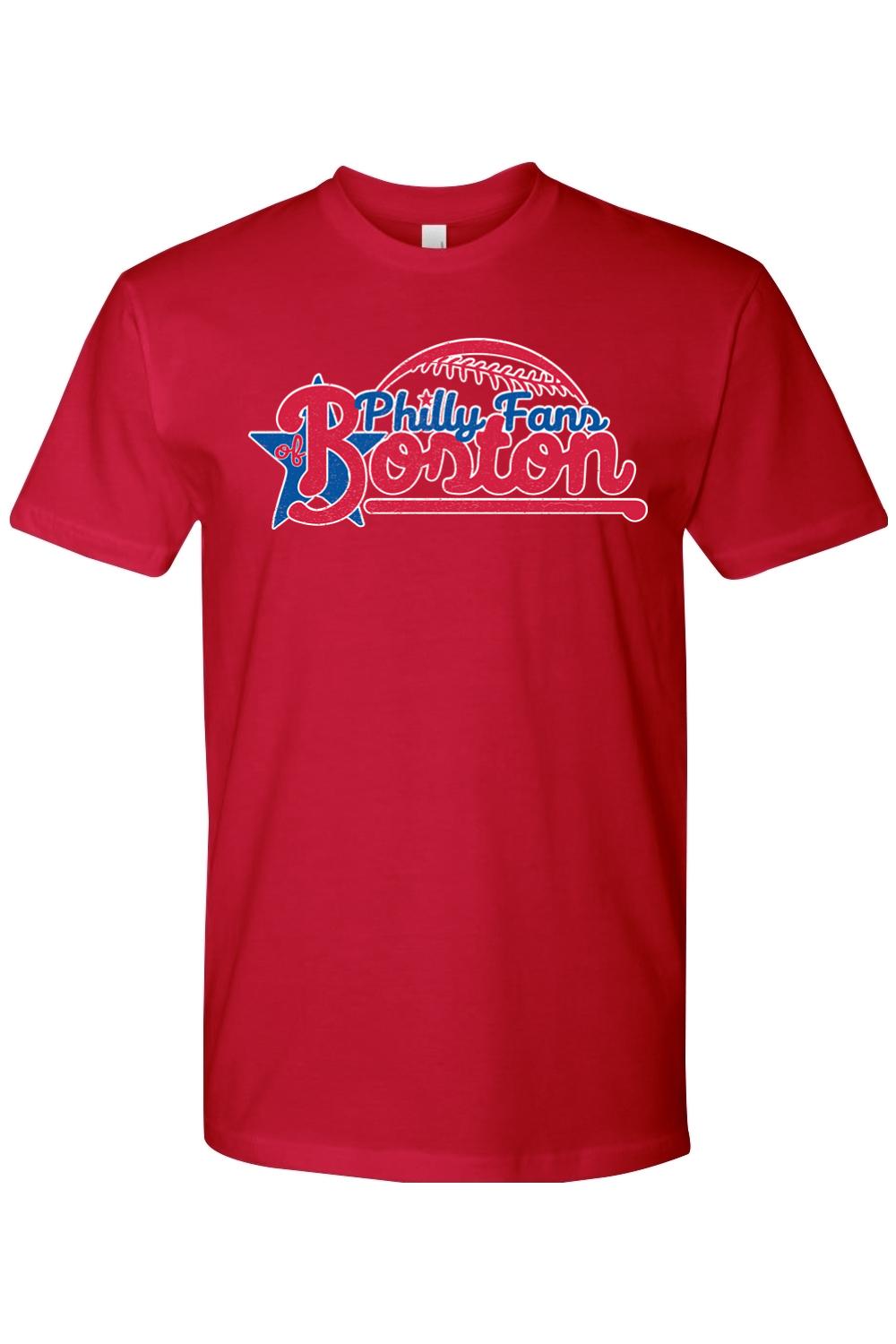 Red cotton crewneck t-shirt featuring a blue and white Philly Fans of Boston baseball graphic on the chest.