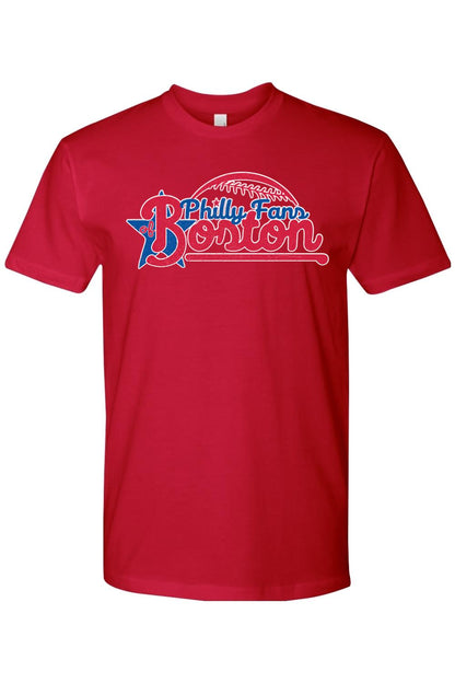 Red cotton crewneck t-shirt featuring a blue and white Philly Fans of Boston baseball graphic on the chest.