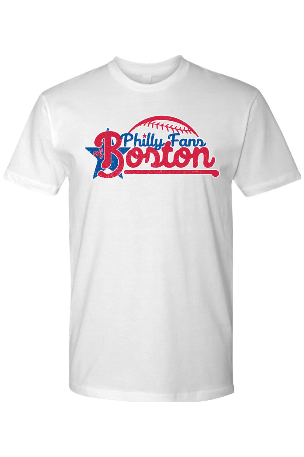 White cotton crewneck t-shirt featuring a red and blue Philly Fans of Boston baseball graphic on the chest.