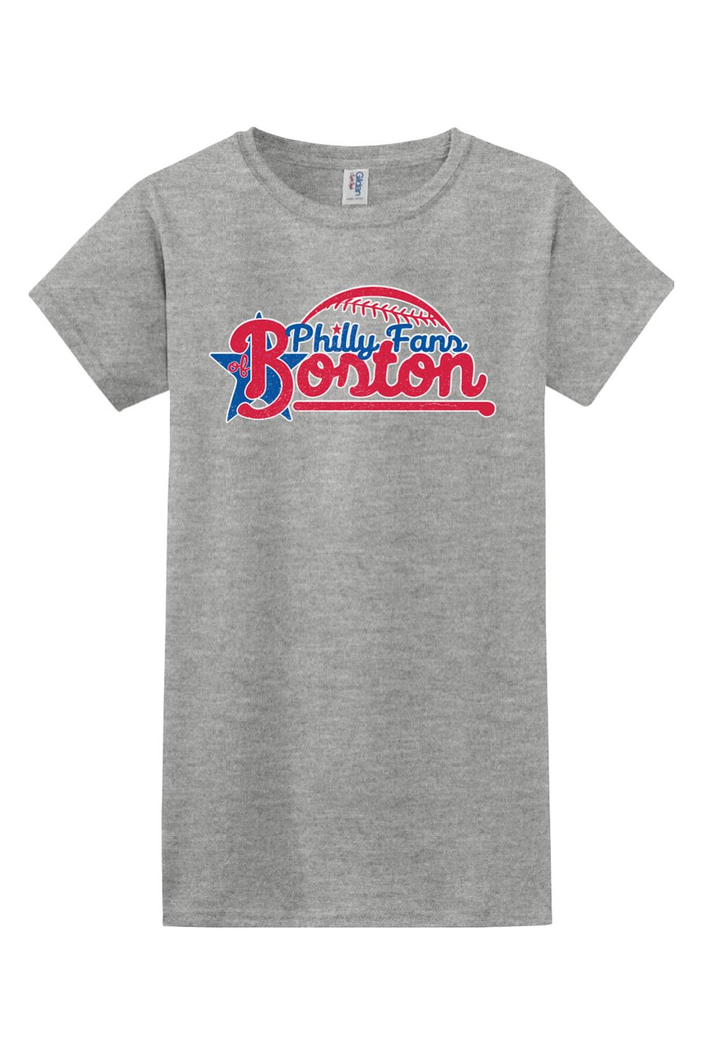 Women's sport grey cotton graphic t-shirt featuring a red and blue Philly Fans of Boston baseball logo design.