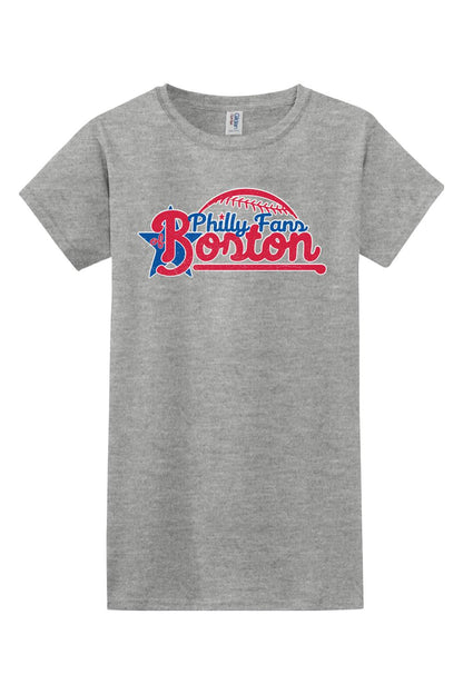 Women's sport grey cotton graphic t-shirt featuring a red and blue Philly Fans of Boston baseball logo design.