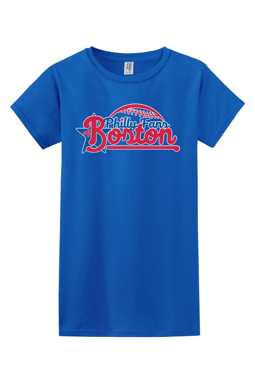 Women's royal blue cotton graphic t-shirt featuring a red and white Philly Fans of Boston baseball logo.