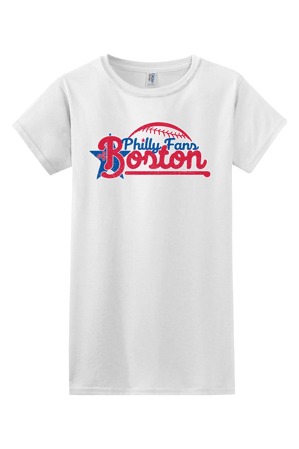 White women's cotton graphic t-shirt featuring a red and blue Philly Fans of Boston baseball logo design.