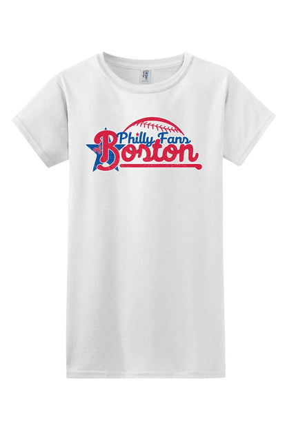 White women's cotton graphic t-shirt featuring a red and blue Philly Fans of Boston baseball logo design.