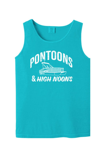 Turquoise Comfort Colors cotton tank top featuring a white Pontoon Time graphic with a boat illustration.