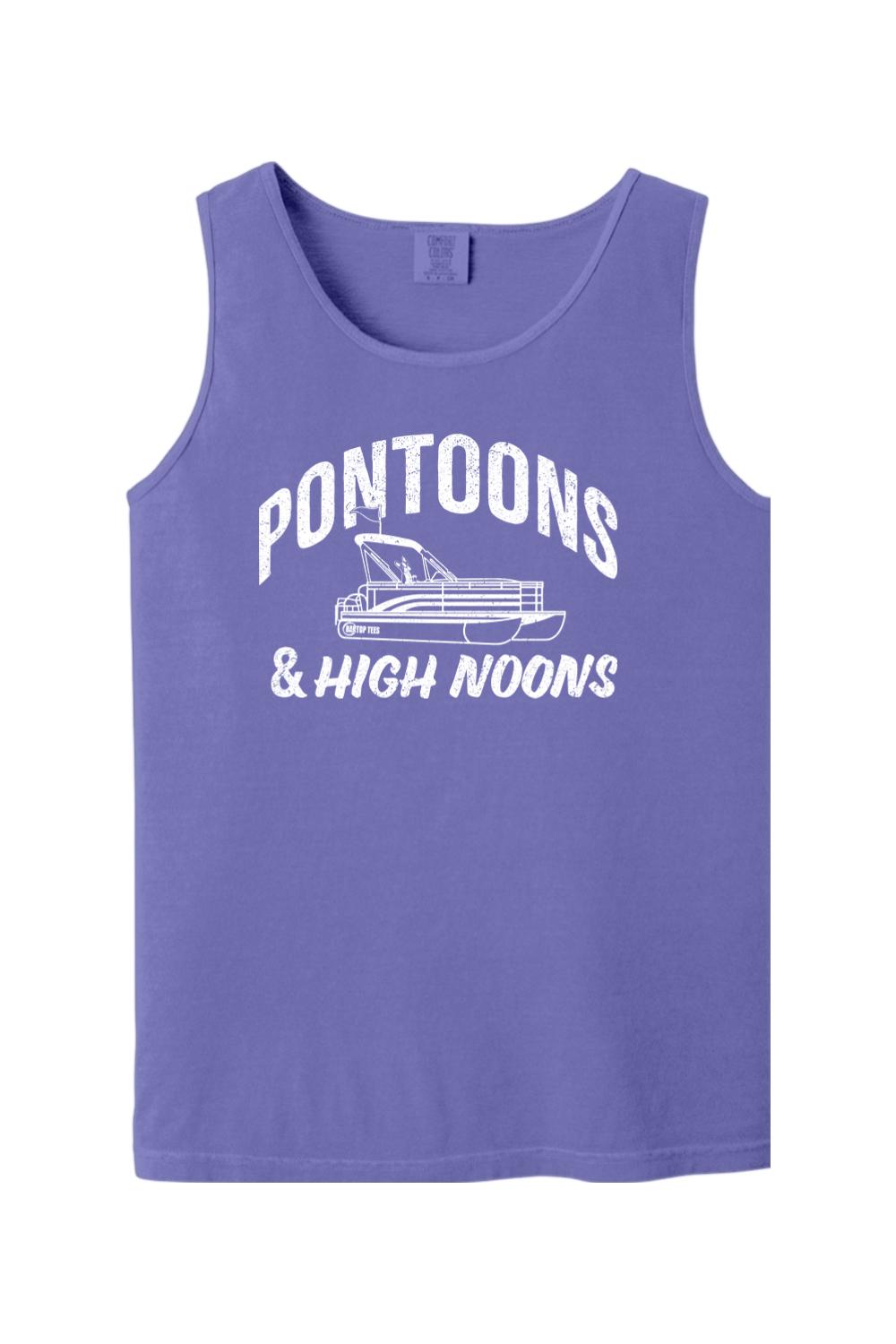 Purple Comfort Colors tank top featuring a white Pontoon Time graphic with a boat illustration on soft cotton fabric.