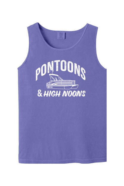 Purple Comfort Colors tank top featuring a white Pontoon Time graphic with a boat illustration on soft cotton fabric.