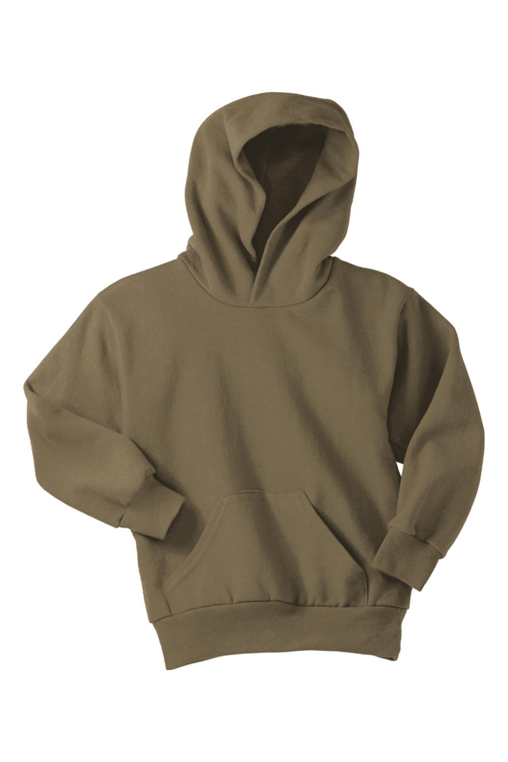 Olive green youth fleece pullover hoodie with a hood, long sleeves, and a front kangaroo pocket.