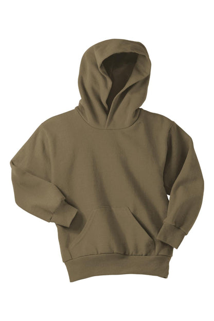 Olive green youth fleece pullover hoodie with a hood, long sleeves, and a front kangaroo pocket.