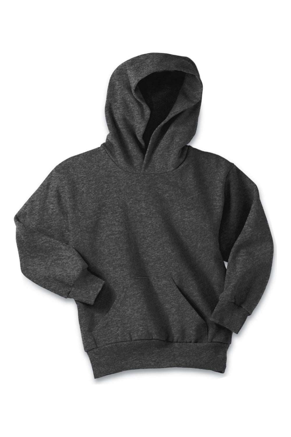 Charcoal grey youth fleece pullover hoodie with a front kangaroo pocket and comfortable ribbed cuffs.