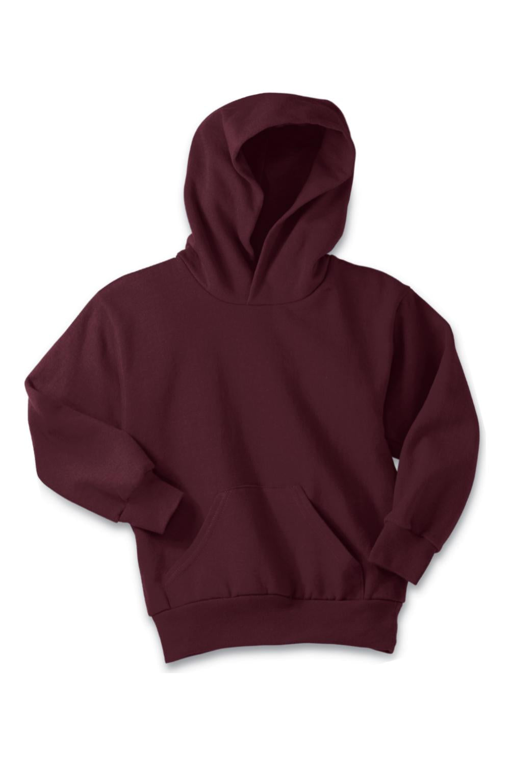 Maroon youth pullover hooded sweatshirt in soft fleece with a front kangaroo pocket and ribbed cuffs.
