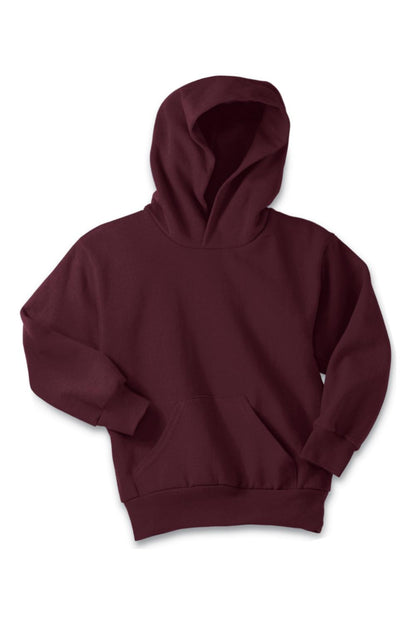 Maroon youth pullover hooded sweatshirt in soft fleece with a front kangaroo pocket and ribbed cuffs.