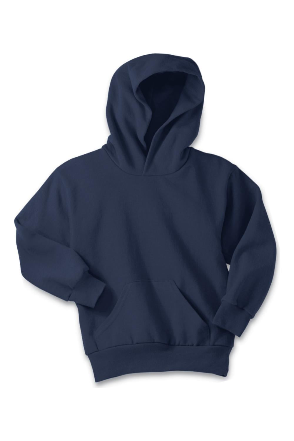 Navy blue youth fleece pullover hooded sweatshirt with a front kangaroo pocket and ribbed cuffs.