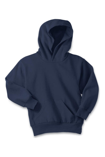 Navy blue youth fleece pullover hooded sweatshirt with a front kangaroo pocket and ribbed cuffs.