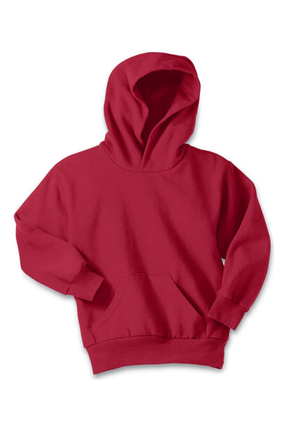 Red youth fleece pullover hooded sweatshirt with a front kangaroo pocket and ribbed cuffs.